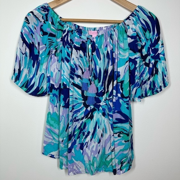 LILLY Pulitzer Sain Off The Shoulder Top Capri Teal XS - Picture 2 of 7